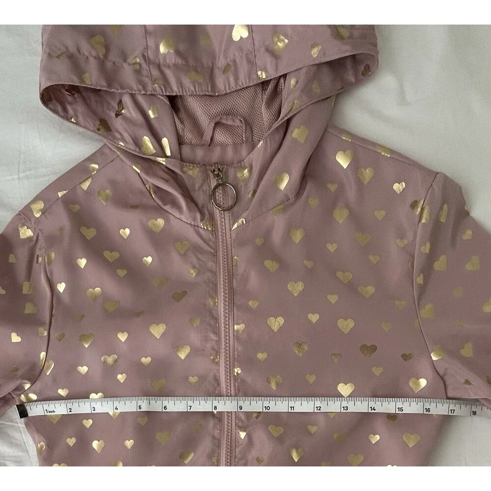 NWOT Louise Paris Kids Girls Pink Gold Heart Hooded Windbreaker Jacket L 14